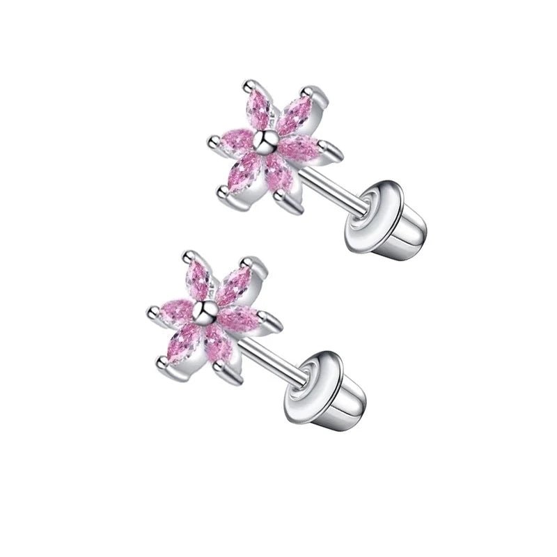 RVS Bloem Oorbellen - Roze Zirkonia 8mm-schroefsluiting -