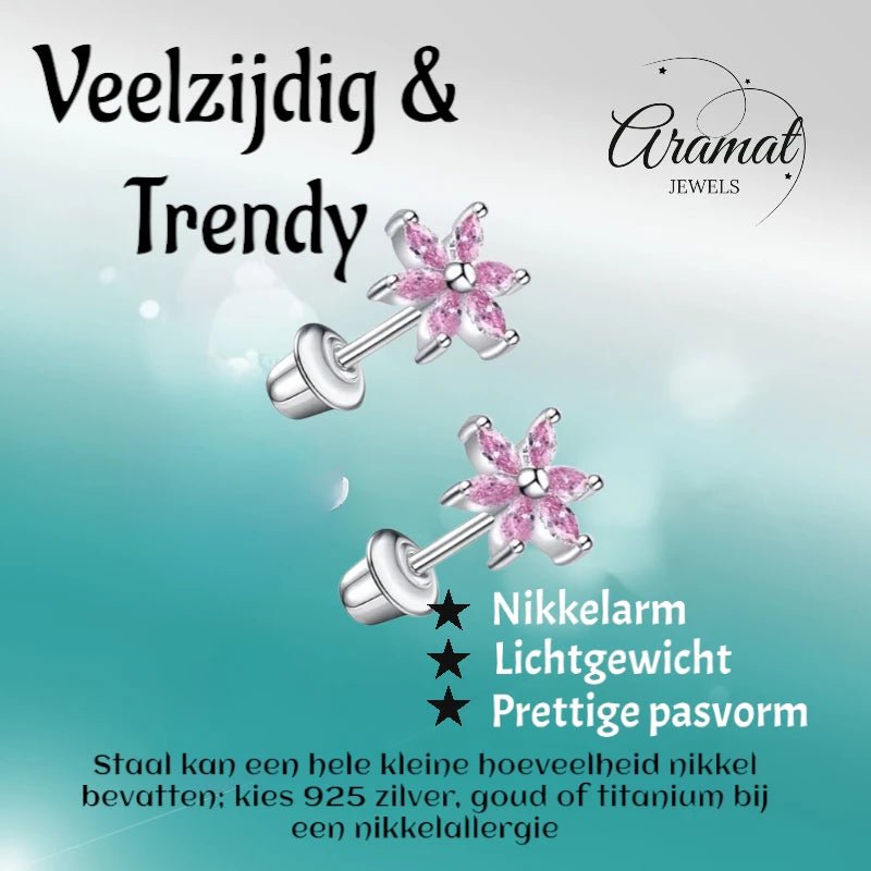 RVS Bloem Oorbellen - Roze Zirkonia 8mm-schroefsluiting -