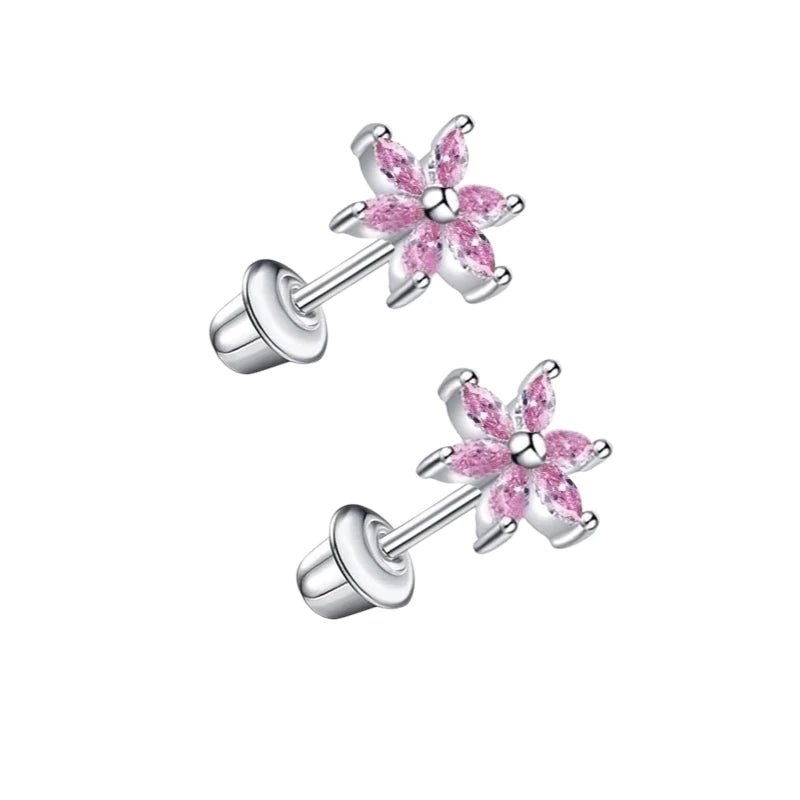 RVS Bloem Oorbellen - Roze Zirkonia 8mm-schroefsluiting -