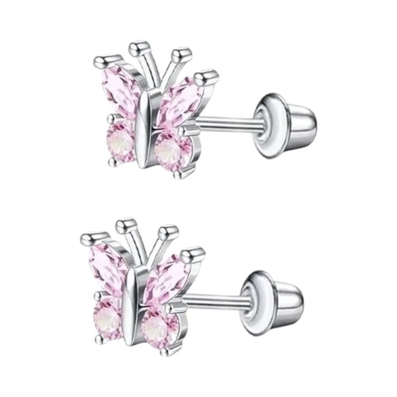 Vlinder Oorbellen RVS-Roze Zirkonia 8mm -schroefsluiting -