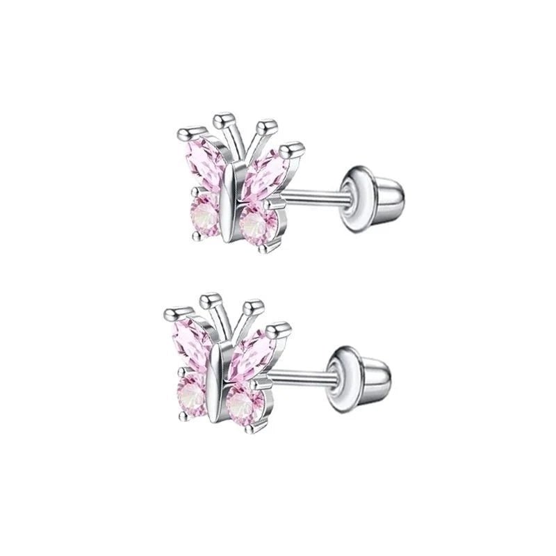 Vlinder Oorbellen RVS-Roze Zirkonia 8mm -schroefsluiting -
