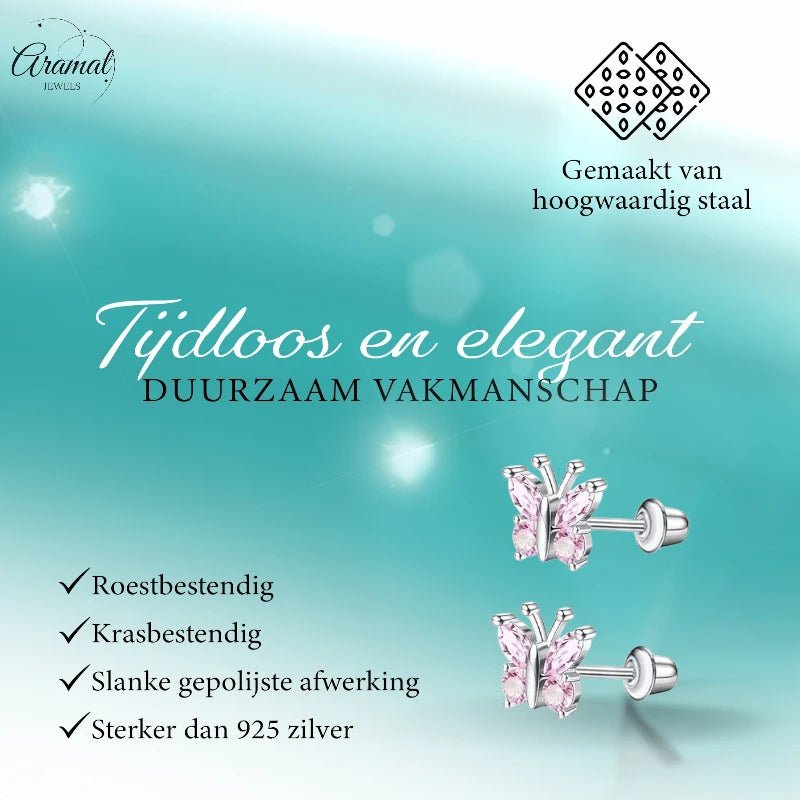 Vlinder Oorbellen RVS-Roze Zirkonia 8mm -schroefsluiting -
