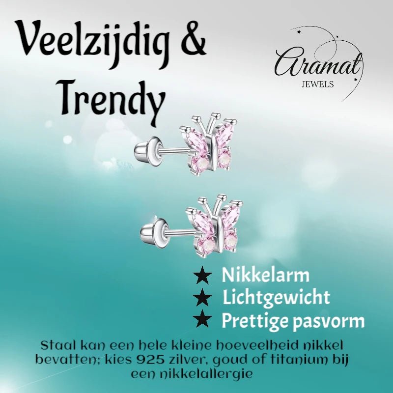 Vlinder Oorbellen RVS-Roze Zirkonia 8mm -schroefsluiting -