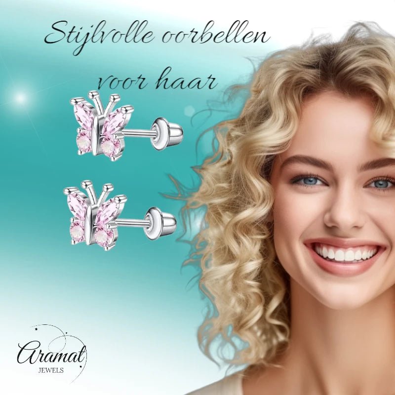 Vlinder Oorbellen RVS-Roze Zirkonia 8mm -schroefsluiting -