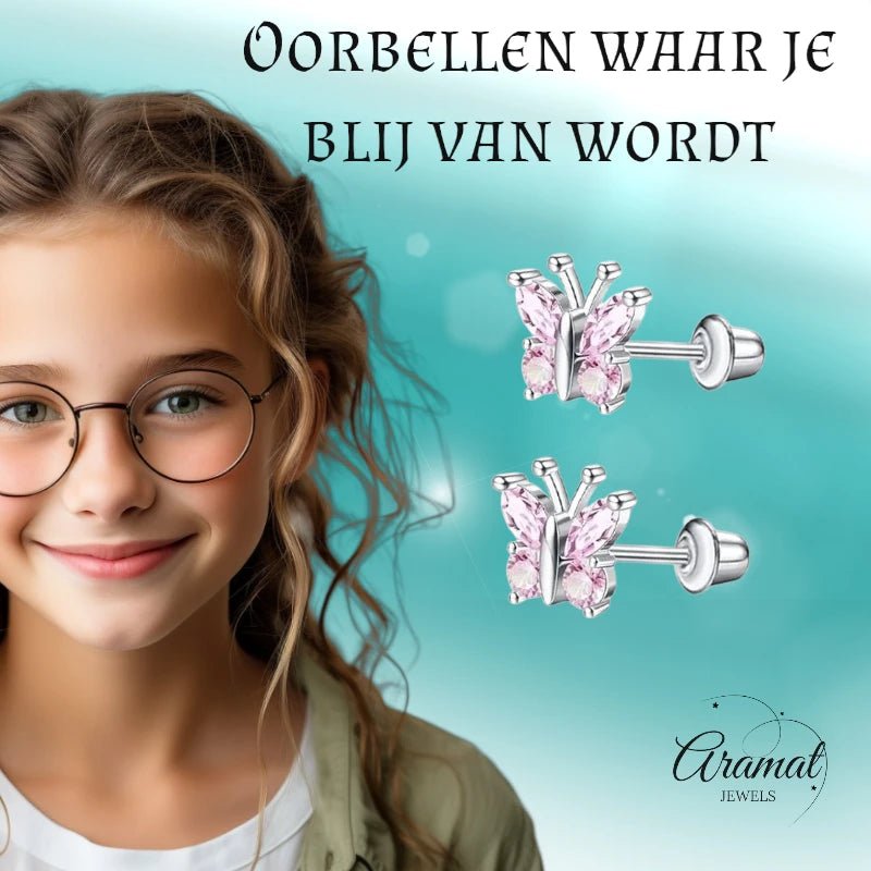 Vlinder Oorbellen RVS-Roze Zirkonia 8mm -schroefsluiting -