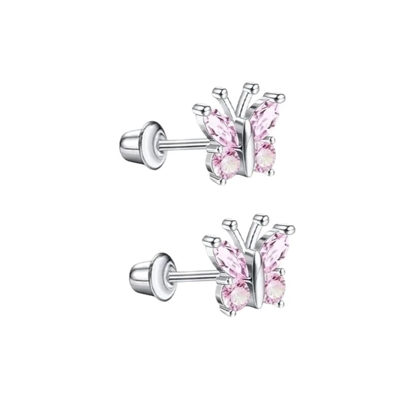 Vlinder Oorbellen RVS-Roze Zirkonia 8mm -schroefsluiting -