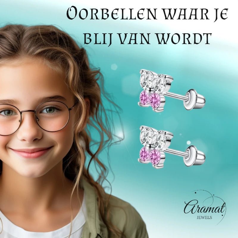 Kinderoorbellen RVS Vlinder met Zirkonia &acirc;&euro;&ldquo; 5x6mm &acirc;&euro;&ldquo; Schroefslui
