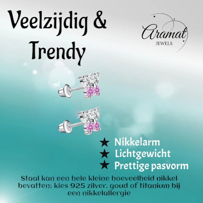Kinderoorbellen RVS Vlinder met Zirkonia &acirc;&euro;&ldquo; 5x6mm &acirc;&euro;&ldquo; Schroefslui