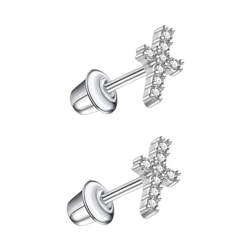 Kinderoorbellen RVS Kruisje met Zirkonia &acirc;&euro;&ldquo; 9x5mm &acirc;&euro;&ldquo; Schroefslui