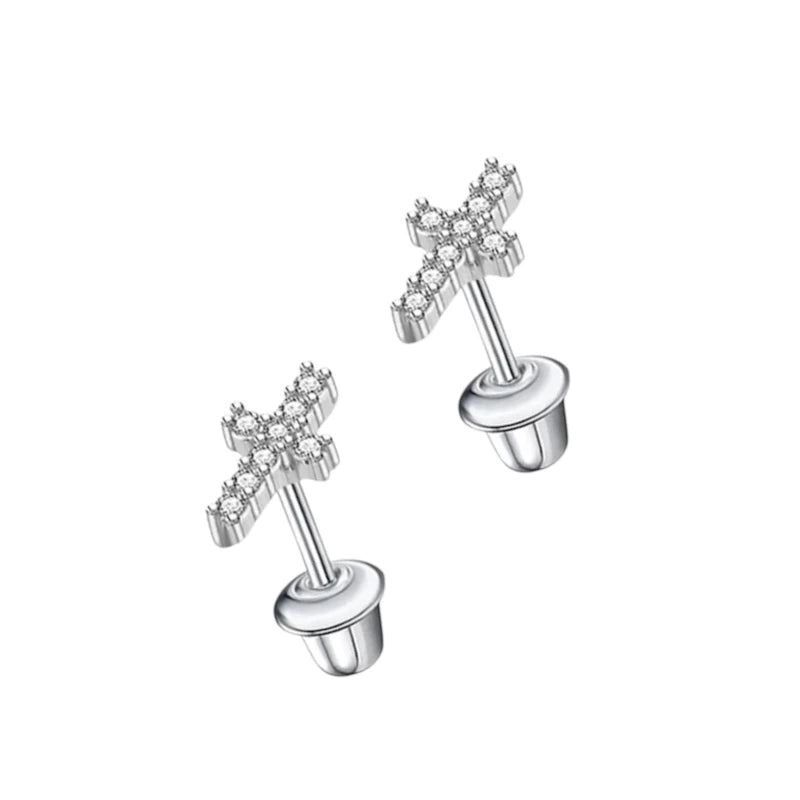 Kinderoorbellen RVS Kruisje met Zirkonia &acirc;&euro;&ldquo; 9x5mm &acirc;&euro;&ldquo; Schroefslui
