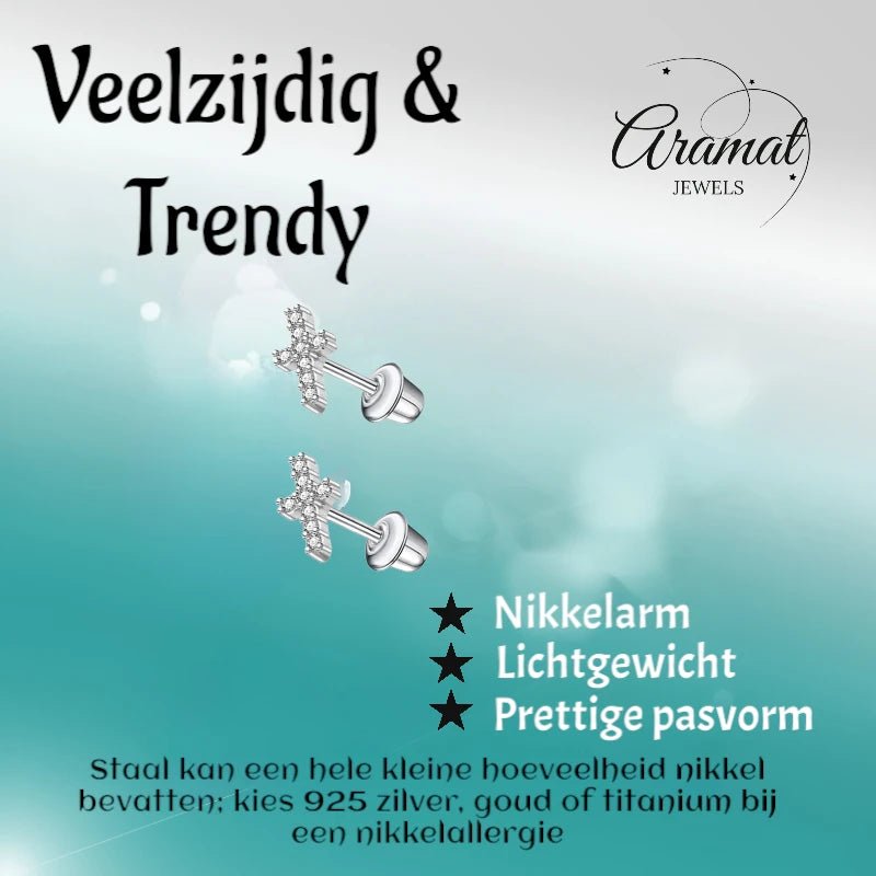 Kinderoorbellen RVS Kruisje met Zirkonia &acirc;&euro;&ldquo; 9x5mm &acirc;&euro;&ldquo; Schroefslui