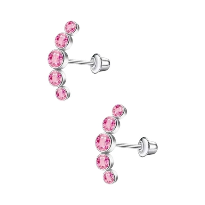 Stalen Kinder Oorbellen - Bar met 5 Roze Zirkonia Steentjes - Schroefsluiting - 14x5mm -