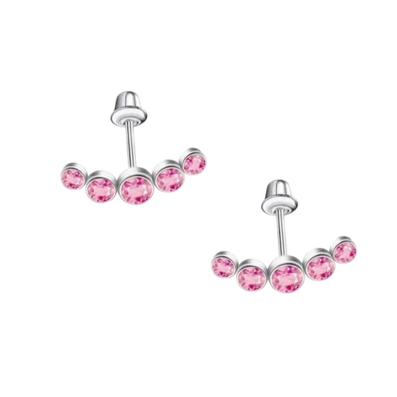 Stalen Kinder Oorbellen - Bar met 5 Roze Zirkonia Steentjes - Schroefsluiting - 14x5mm -