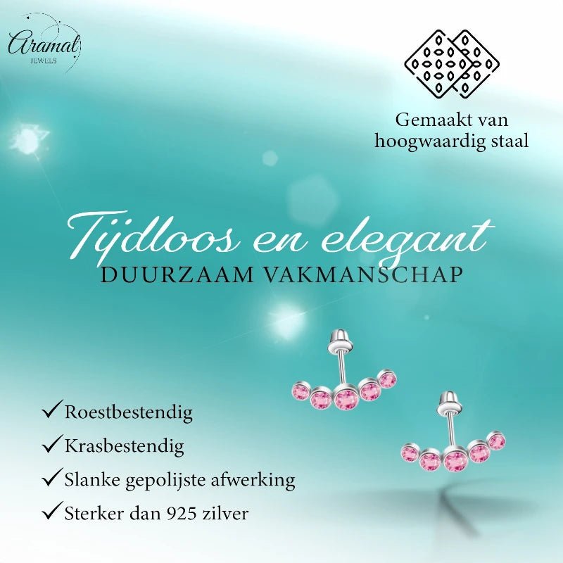 Stalen Kinder Oorbellen - Bar met 5 Roze Zirkonia Steentjes - Schroefsluiting - 14x5mm -