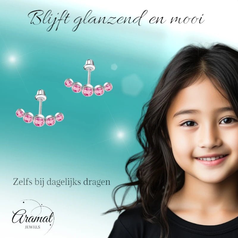 Stalen Kinder Oorbellen - Bar met 5 Roze Zirkonia Steentjes - Schroefsluiting - 14x5mm -