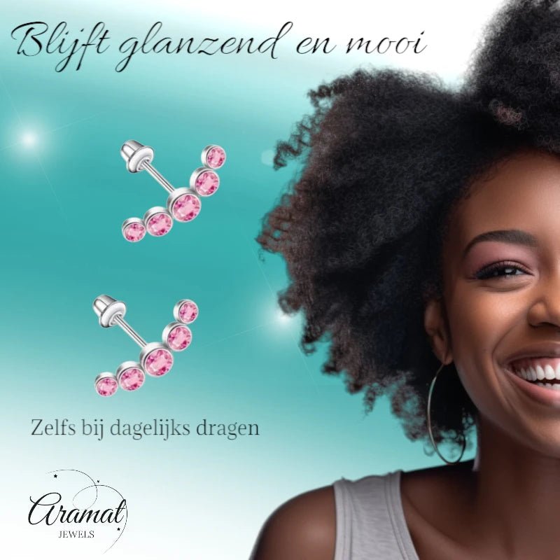 Stalen Kinder Oorbellen - Bar met 5 Roze Zirkonia Steentjes - Schroefsluiting - 14x5mm -