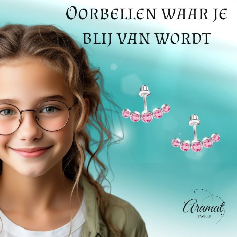 Stalen Kinder Oorbellen - Bar met 5 Roze Zirkonia Steentjes - Schroefsluiting - 14x5mm -