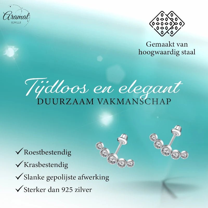 Stalen Kinder Oorbellen Bar - 5 Zirkonia Steentjes - Schroefsluiting - 14x5mm -
