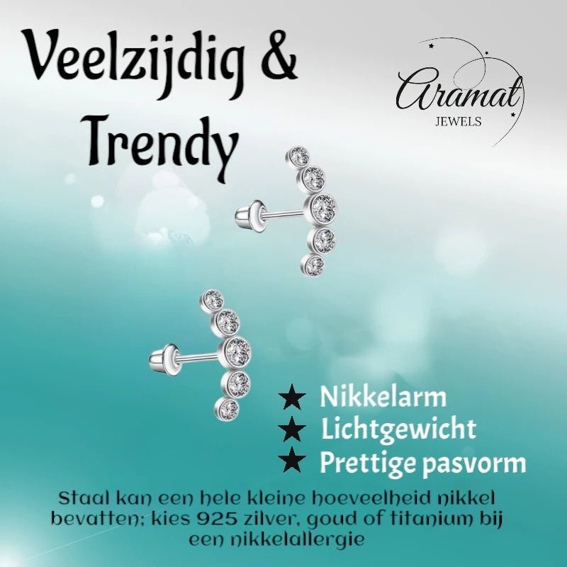 Stalen Kinder Oorbellen Bar - 5 Zirkonia Steentjes - Schroefsluiting - 14x5mm -
