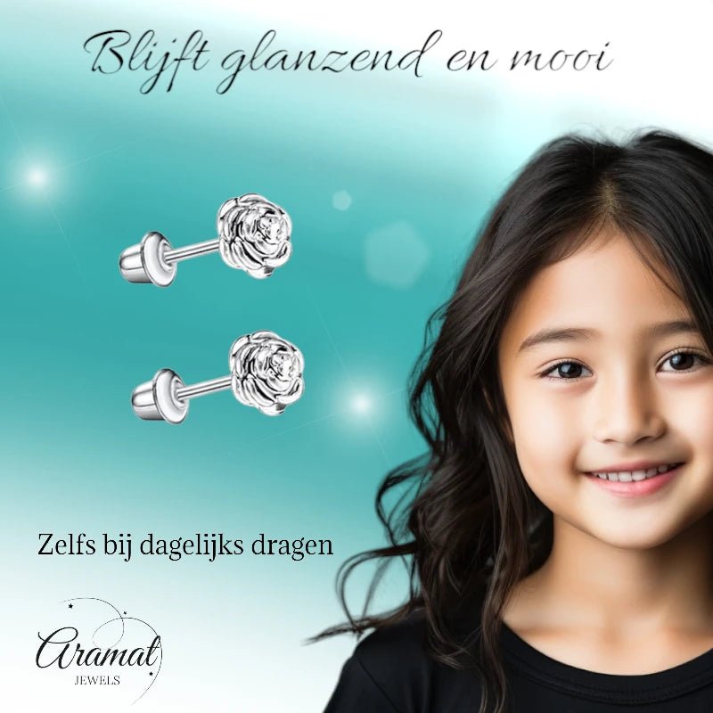 Stalen kinder oorbellen - 7mm rozen oorknopjes met schroefsluiting -