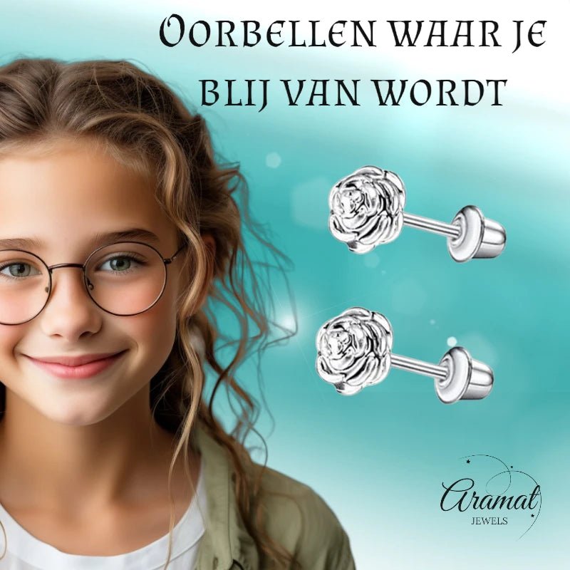 Stalen kinder oorbellen - 7mm rozen oorknopjes met schroefsluiting -