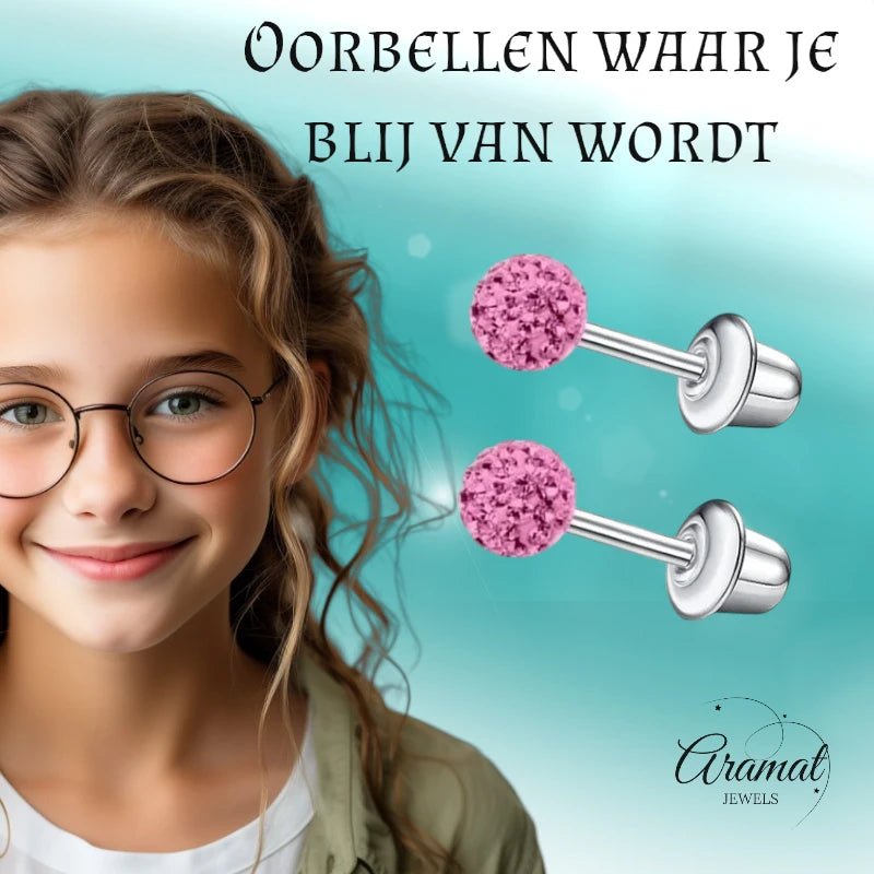 Stalen kinderoorbellen - 3,5mm roze kristal met schroefsluiting -
