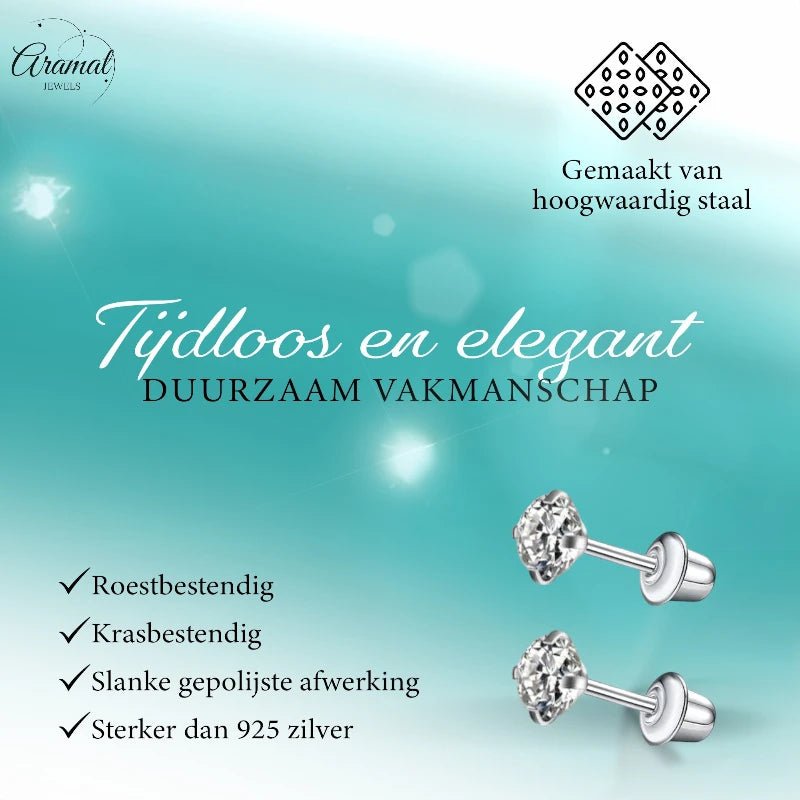 Stalen kinderoorbellen - 3mm zirkonia oorknopjes - schroefsluiting -