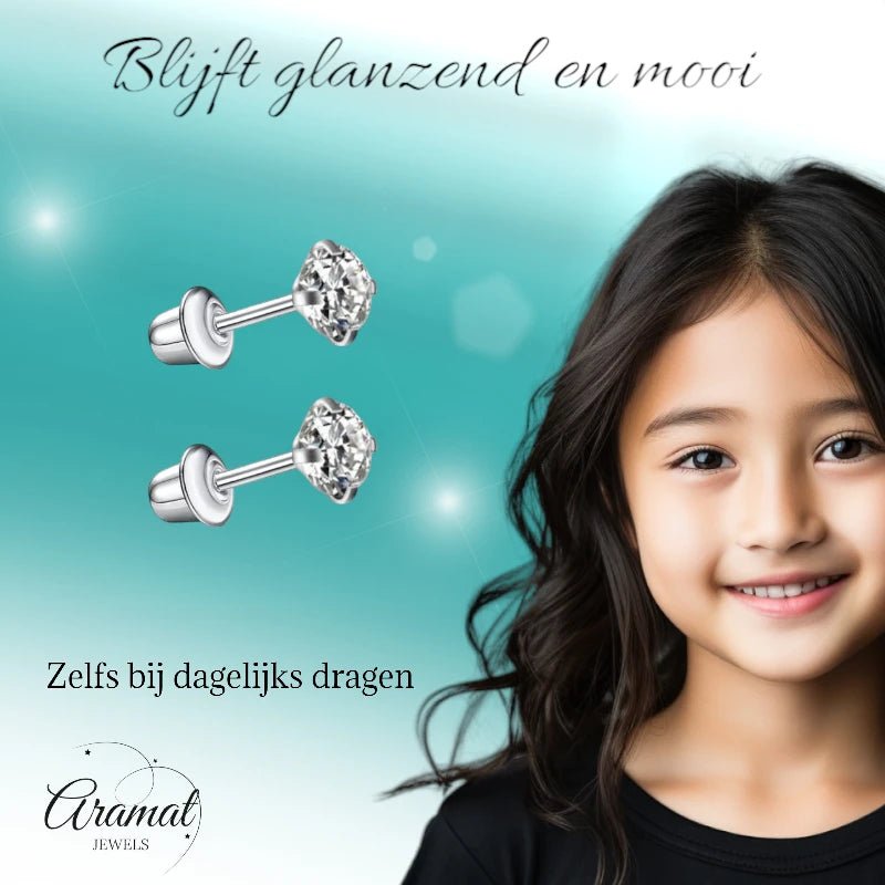 Stalen kinderoorbellen - 3mm zirkonia oorknopjes - schroefsluiting -