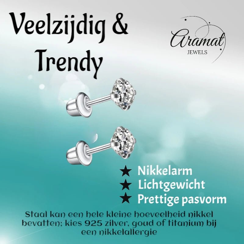 Stalen kinderoorbellen - 3mm zirkonia oorknopjes - schroefsluiting -