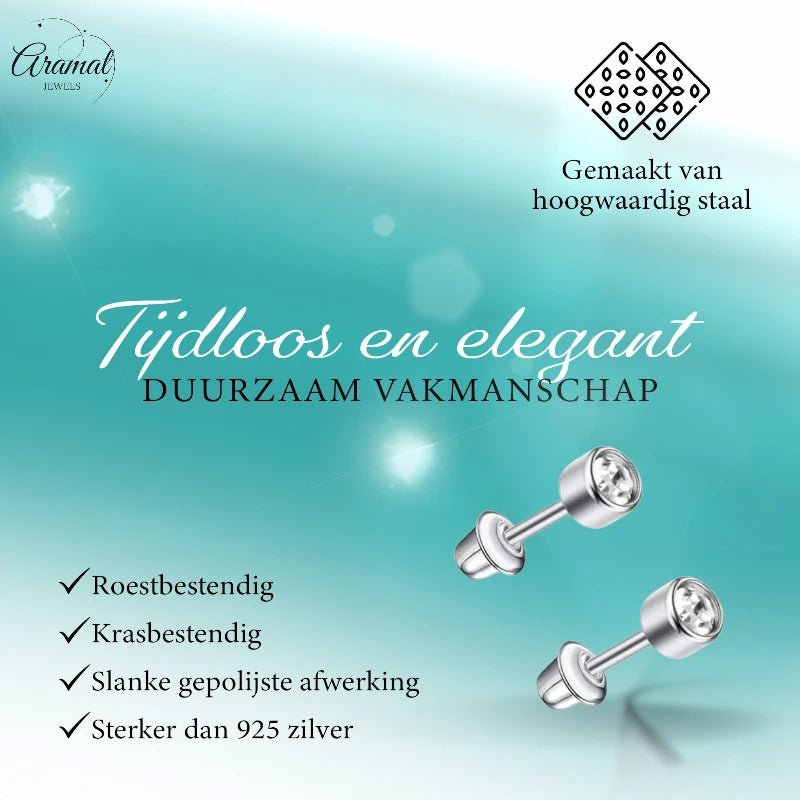 Stalen kinderoorbellen - ronde zirkonia oorknopjes 4mm - schroefsluiting -