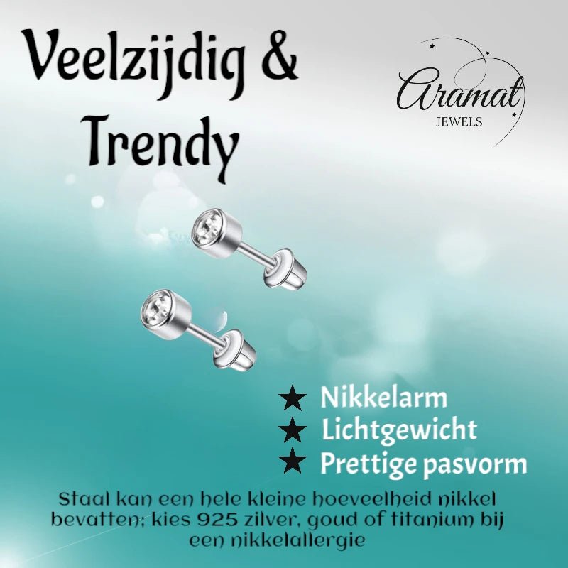 Stalen kinderoorbellen - ronde zirkonia oorknopjes 4mm - schroefsluiting -