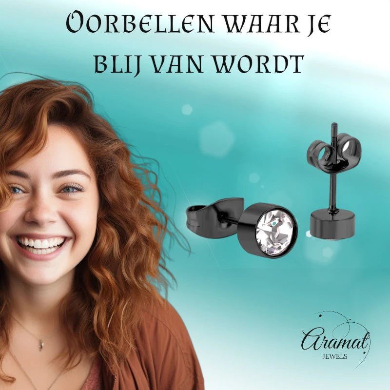 Zwarte Kristallen Oorbellen 5mm &acirc;&euro;&ldquo; Staal -