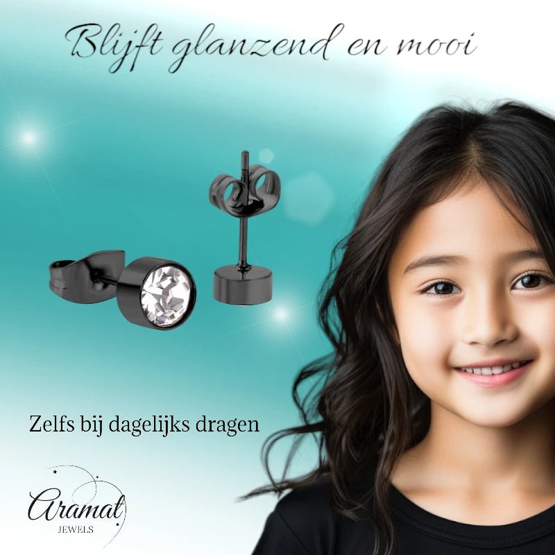 Zwarte Kristallen Oorbellen 5mm &acirc;&euro;&ldquo; Staal -