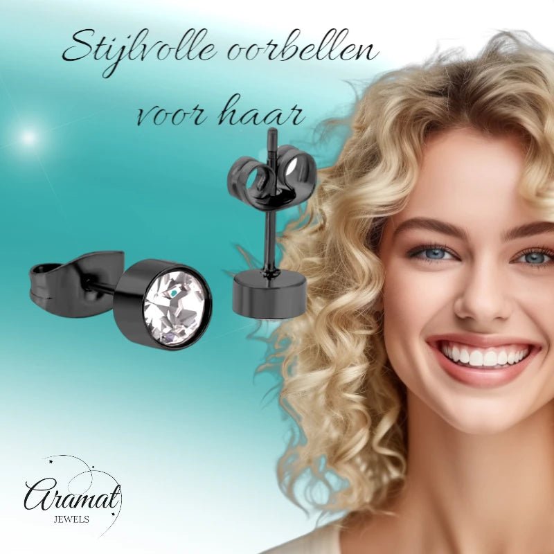Zwarte Kristallen Oorbellen 5mm &acirc;&euro;&ldquo; Staal -