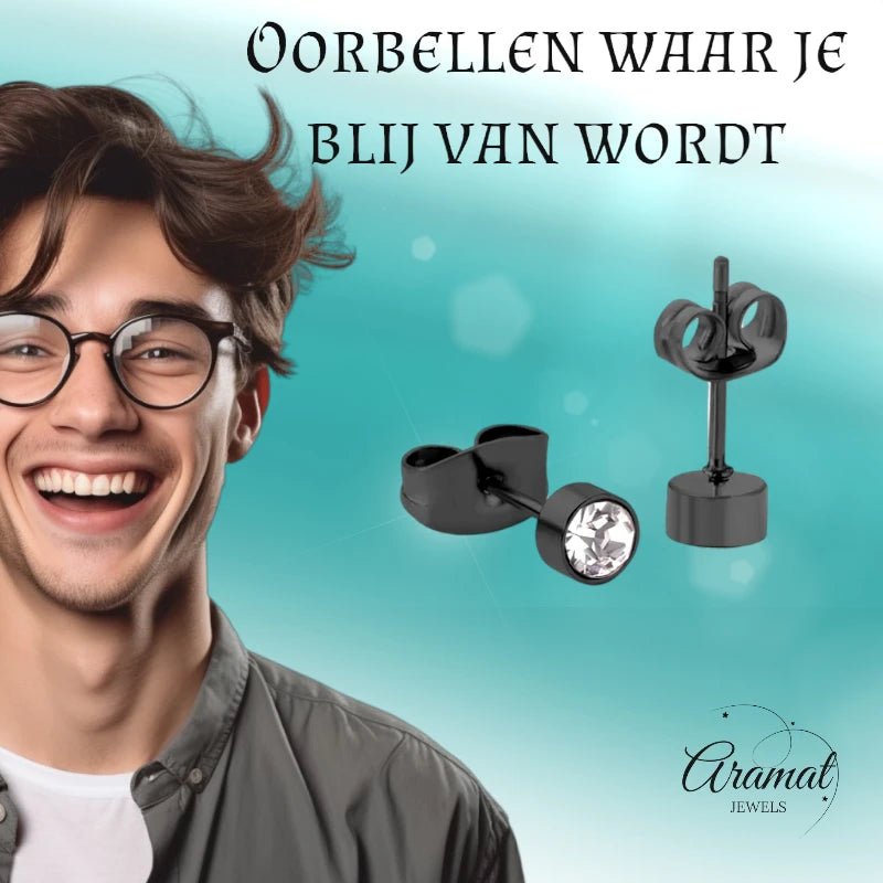 Zwarte Oorbellen met Kristal | 4mm Uniseks -