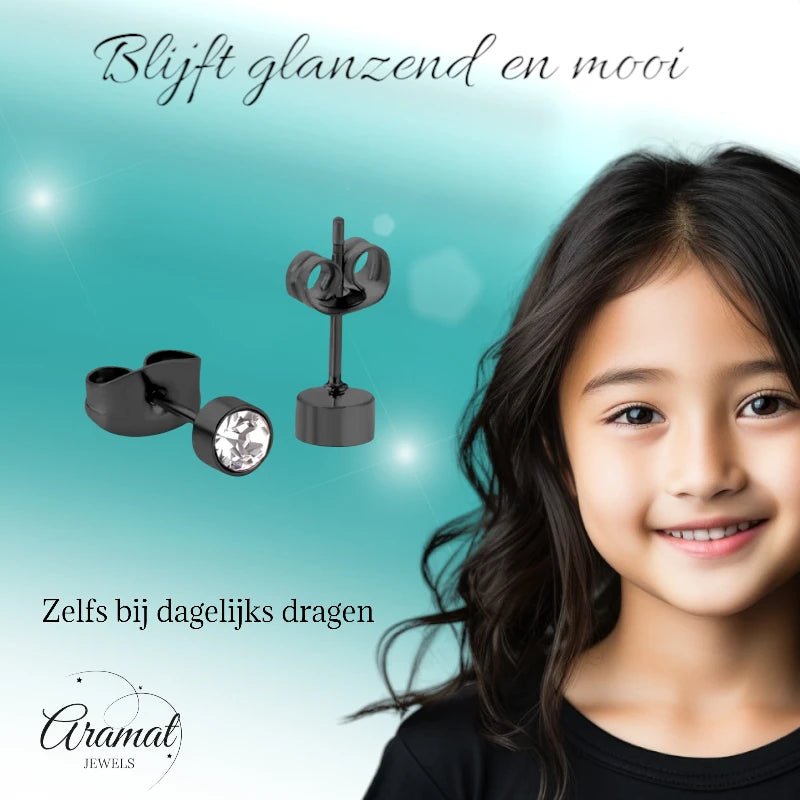 Zwarte Oorbellen met Kristal | 4mm Uniseks -