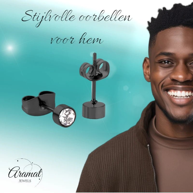 Zwarte Oorbellen met Kristal | 4mm Uniseks -