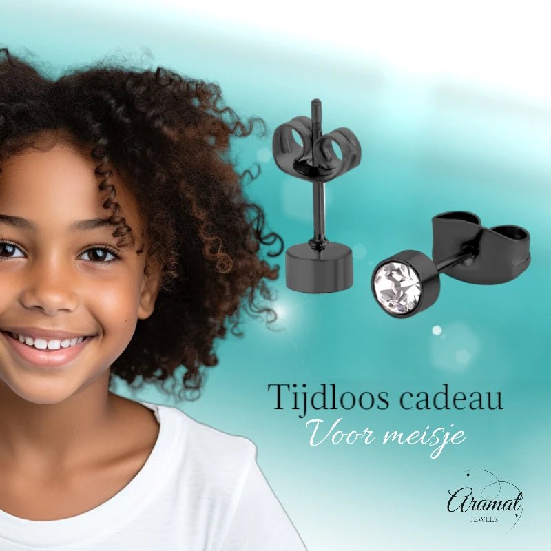 Zwarte Oorbellen met Kristal | 4mm Uniseks -