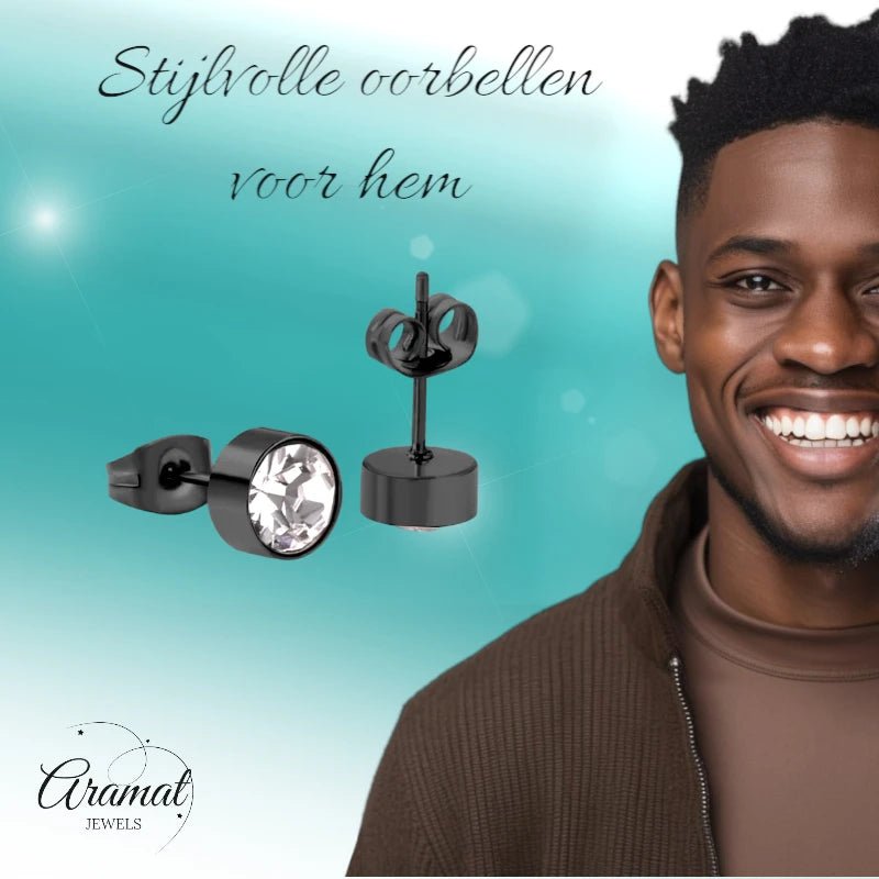 Zwarte Kristal Oorbellen Staal | 7mm -