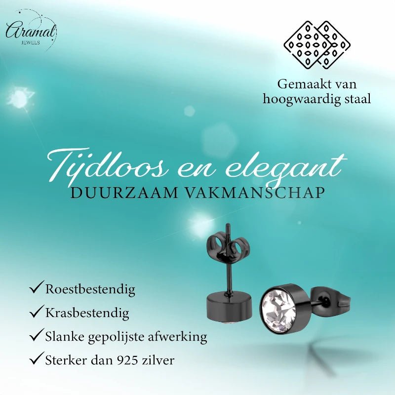 Zwarte Kristal Oorbellen Staal | 7mm -