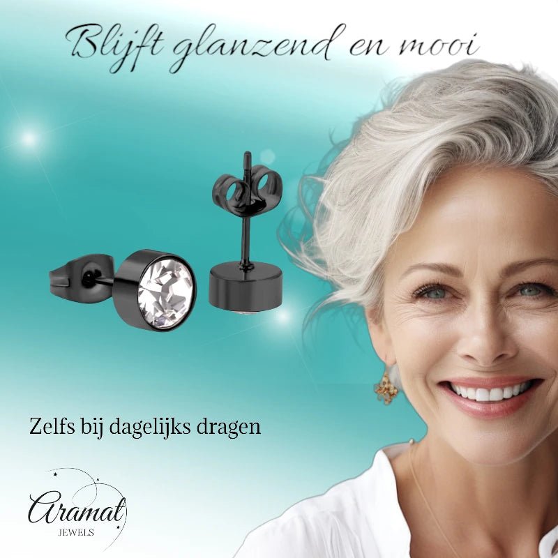 Zwarte Kristal Oorbellen Staal | 7mm -