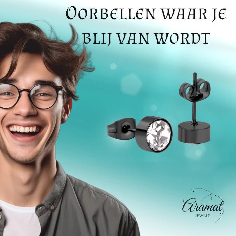 Zwarte Kristal Oorbellen Staal | 7mm -
