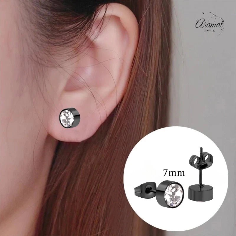 Zwarte Kristal Oorbellen Staal | 7mm -