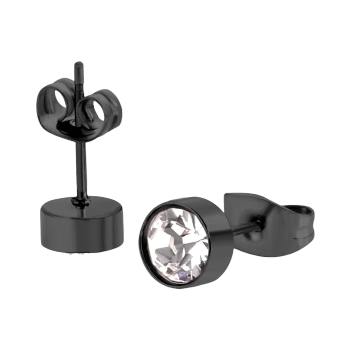 Zwarte Stalen Oorbellen met Kristal | 6mm -