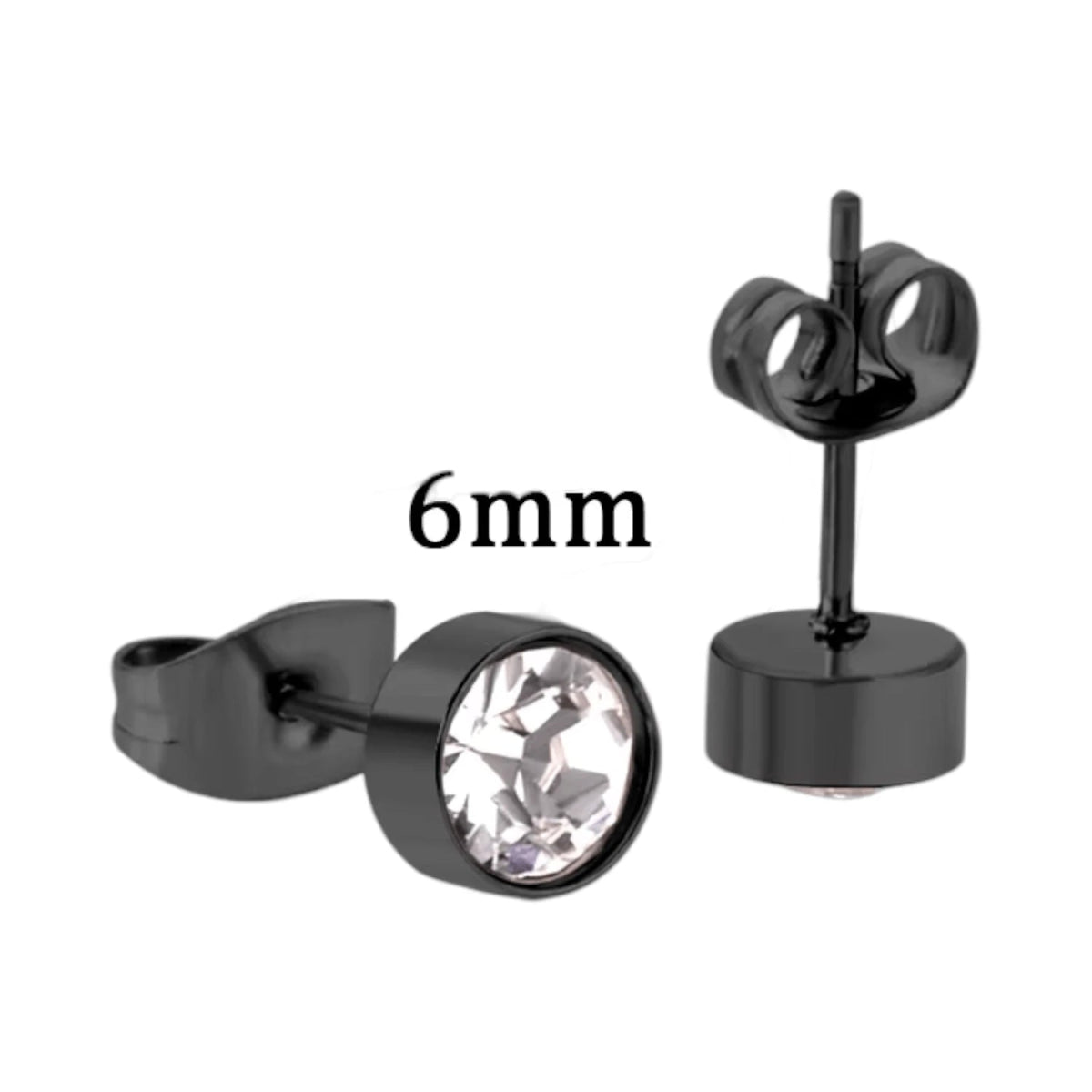 Zwarte Stalen Oorbellen met Kristal | 6mm -