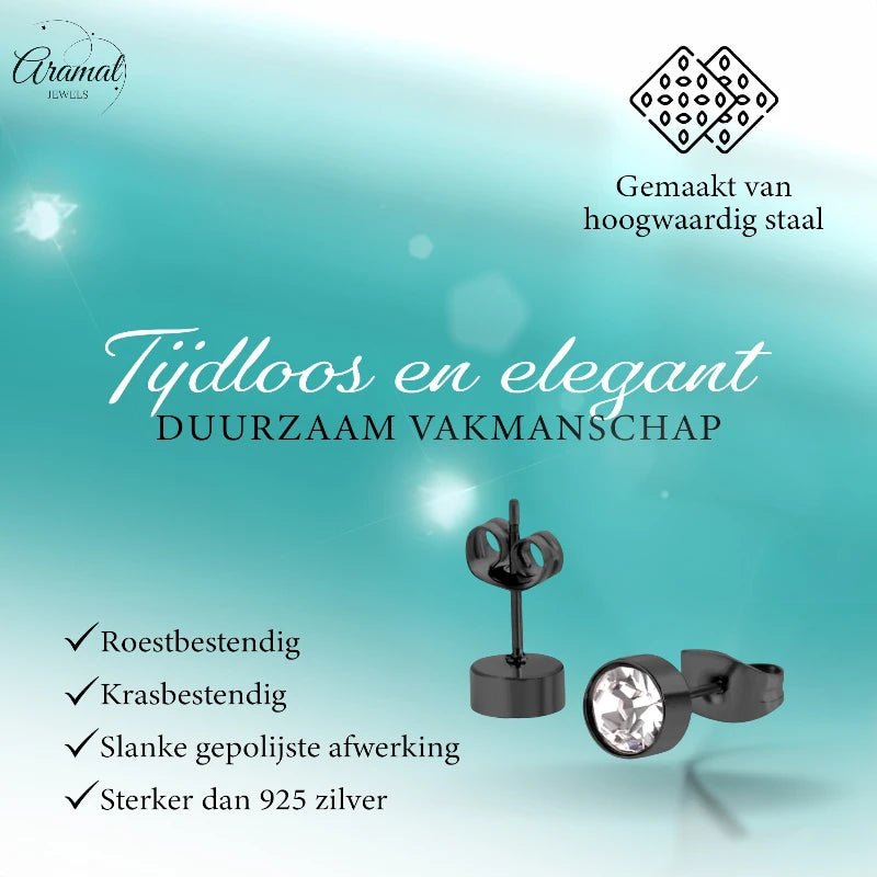 Zwarte Stalen Oorbellen met Kristal | 6mm -