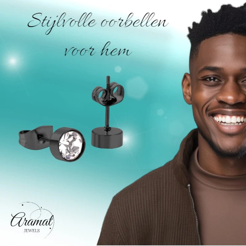 Zwarte Stalen Oorbellen met Kristal | 6mm -