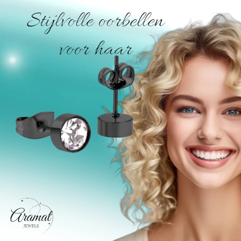Zwarte Stalen Oorbellen met Kristal | 6mm -