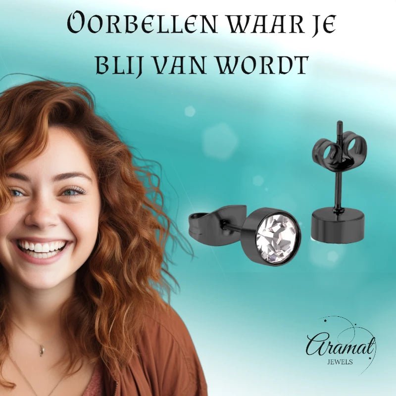 Zwarte Stalen Oorbellen met Kristal | 6mm -
