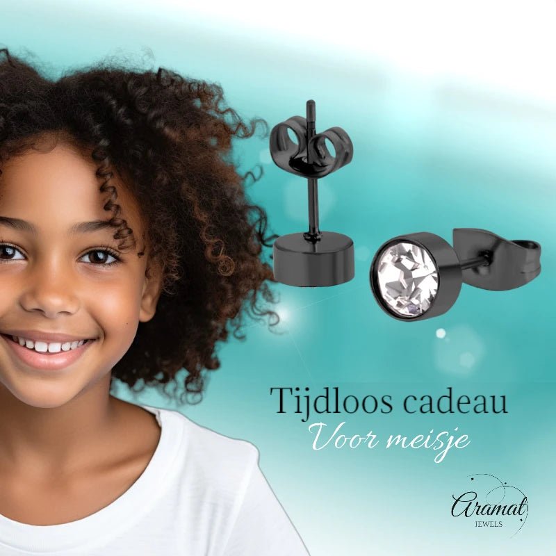 Zwarte Stalen Oorbellen met Kristal | 6mm -